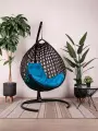 Подвесное кресло капля люкс, с ротангом чёрное, голубая подушка