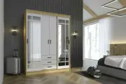 Шкаф-купе Эра Лорд, белый гладкий/дуб вотан, 4 двери, выдвижные ящики, с зеркалом
