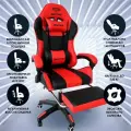 Кресло компьютерное игровое с подставкой для ног, цвет : красный, обивка: искусственная кожа, модель 205F