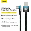 Кабель для игр Baseus MVP 2 Elbow-shaped Fast Charging Data Cable, USB to Type-C, 100 Вт, 1 м, Черный+Синий, CAVP000421