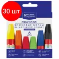 Комплект 30 шт, Восковые мелки утолщенные BRAUBERG академия, набор 6 цветов, на масляной основе, яркие цвета, 227294