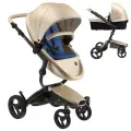 Коляска 2в1 Mima Xari Champagne на чёрном шасси с матрасиками Denim Blue в комплекте конверт