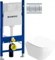 Комплект 5 в 1: Инсталляция Geberit Duofix Delta 458.163.21.1 / Унитаз подвесной Кронборг S28401WH безободковый / Сиденье с микролифтом, Кнопка хром, Крепления
