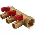 Коллектор латунь 3/4 ВР/НР на 3 вых 1/2 НР м/о 35мм с шаровыми кранами, красные ручки 9026 Aquasfera 9026-02