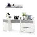 Стол компьютерный с верхней полкой и комодом Торонто, цвет белый шагрень/стальной серый, ШхГхВ 200х53,1х150 см.