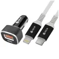 GCR Комплект автомобильное зарядное устройство на 2 USB порта QC3.0 + PD18W [TypeA + TypeC] + кабель 1.0m TypeC/Lightning, белый