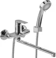 Смеситель с длинным изливом для ванны STWORKI Хельсингборг XE-03cr с душевым гарнитуром, поворотный, латунный, хром, глянцевый, смеситель для ванны с душем, рычажный, с настенным держателем