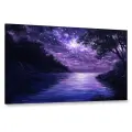 Картина на холсте интерьерная 100х60 см, Ночное небо, фиолетовый звездопад, озеро, масляная картина, мерцающие звезды