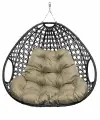 Подвесное кресло для двоих люкс, с ротангом, чёрный, бежевая подушка (без стойки)