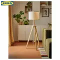 Напольный светильник с регулируемой высотой и текстильным абажуром из переработанного пластика, уютное освещение для дома, деревянное основание, скрытый шнур