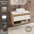Тумба подвесная с раковиной для ванной 85 см Teymi Ritta корпус дуб фасад белый раковина Solli 40 смеситель черный матовый F11844