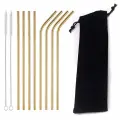 Металлические трубочки для коктейлей, 8 шт, Золотые, 21,5 см х 6 мм, 2 шт, с ёршиком и чехлом
