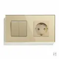 Выключатель с розеткой, 2 клавиши 1 розетка, 2 поста (М2+1F) рамка стекло 157х86мм цвет золотой