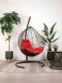 Подвесное кресло капля, с ротангом коричневое, красная подушка