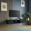 Тумба под ТВ POINT 33, Черный глянец, подсветка полок, 160х40х30 см