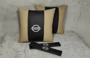 Подарочный набор: декоративная подушка в салон автомобиля из экокожи и накладки на ремень безопасности с логотипом NISSAN, комплект 3 предмета
