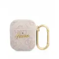 Чехол Guess PU leather 4G metal logo с карабином для Airpods 1/2, розовый