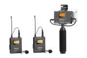 Беспроводная двухканальная радиосистема УВЧ Saramonic UwMic9 Kit13 (TX9+TX9+SPRX9) с 2 поясными передатчиками и 1 приемником с держателем смартфона для iPhone и Android