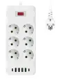 Сетевой фильтр белый, сетевой фильтр удлинитель, сетевой фильтр 4 USB, 6 розеток, 2 USB-C, провод 2 метра, выключатель на корпусе
