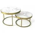 Комплект журнальных столиков, сервировочные столы Beneli эрвин, круглые, закаленное стекло, Белый мрамор/Золотой, 63х63х40 см, 2 шт.