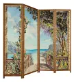Ширма Райское Местечко - 4 секции. Тканевая перегородка с изображением в коричневом каркасе. Ширина 184см. Высота 180см.