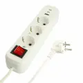 Удлинитель 3-местный STEKKER Home с/з с выключателем 3x1мм2, 2м, 250В, 16А, 1USB+2C, 2.4A, HM071-31-02, белый