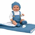 Кукла Arias ELEGANCE BABYTO мальчик винил 33 см, в синем комбинезоне, в шапочке и носочках, с соской, пледом