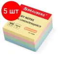 Комплект 5 шт, Блок самоклеящийся (стикеры), BRAUBERG, пастельный, 76х76 мм, 400 листов, 4 цвета, 122856