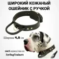 Широкий кожаный ошейник для собак с ручкой, двухслойный. Размер 70.