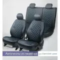 Комплект чехлов для Chevrolet Lanos / Daewoo Lanos (Sens) / ZAZ Chance 02-17г. Экокожа, ромб, черный, синяя строчка.