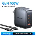 USB-зарядное устройство Vention 100 Вт GaN Charge для iPhone 16 15 14 PD Быстрая зарядка для iPad Xiaomi Samsung USB Type C Зарядное устройство для мобильного телефона, Gray US 100W Cable
