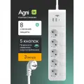 Сетевой фильтр с выключателем для каждой розетки AGNI на 5 розеток 220В, 2 USB 1 Type-C, 4000Вт / 16А, белый, кабель 3 м