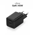 Блок питания TYPE-C uBear Bridge (2xUSB-C), 45 Вт, GaN + Super Fast Charging с поддержкой протоколов быстрой зарядки, черный