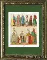 Русские народные мужские и женские костюмы, антикварная литография 19 века