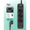 Сетевой фильтр, AGNI, 3 розетки + 2 USB и 1 TYPE-C, удлинитель сетевой 5м, с выключателем и предохранителем