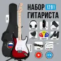 Набор 12 в 1 электрогитара Lex Red Sunberst Super, процессор эффектов, наушники, колонка, аксессуары