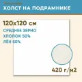Холст грунтованный на подрамнике 120х120 см, 420 г/м2, лен 50%, хлопок 50%, среднее зерно, Холстофф