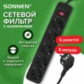 Удлинитель-переноска сетевой фильтр Sonnen Spb-505, 5 розеток с заземлением, выключатель, 10 А, 5 м, черный, 513658