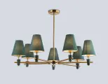 Люстра на штанге с абажурами и мрамором, E14*7 max 40W D840*580, латунь/зеленый