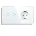 Умный сенсорный выключатель Wi-Fi двухклавишный с умной розеткой, в рамке из закаленного стекла, с нулем, белый
