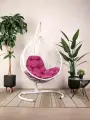 Подвесное кресло капля, с ротангом белое, розовая подушка