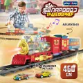 Железная дорога детская с электропоездом Play Okay игровой набор - поезд ЖД с вагонами и автотрек катапульта с машинками, игрушка для мальчиков развивающая со звуком и светом