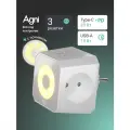 Тройник для розетки, AGNI, быстрая зарядка, разветвитель на 3 гнезда + USB-A и TYPE-C, ночник