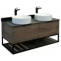 Тумба-умывальник Порто-120-2 дуб тёмно-коричневый с черной столешницей c двумя раковинами COMFORTY 9110