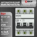 Автоматический выключатель 3P (3П) 25А тип C 4.5кА ВА 47-29 Basic EKF mcb4729-3-25C 8шт