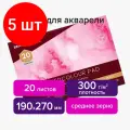 Комплект 5 шт, Планшет для акварели хлопок 30% 300г 190х270мм склейка 4 стороны ср. зерно, 20л, BRAUBERG ART, 113251