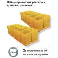 Горшки для рассады и цветов, комплект из 2-ух наборов по 10 горшков на общих поддонах (20 горшков и 2 поддона), желтые