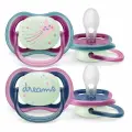 Соска-пустышка силиконовая светящаяся Philips Avent ultra air night SCF376/14 с футляром для хранения и стерилизации, 6-18 мес, 2 шт.