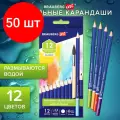 Комплект 50 шт, Карандаши художественные цветные акварельные BRAUBERG ART CLASSIC, 12 цветов, грифель 3.3 мм, 181529