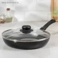 Сковорода Promo, d 24 см, стеклянная крышка, антипригарное покрытие, алюминий, чёрная
